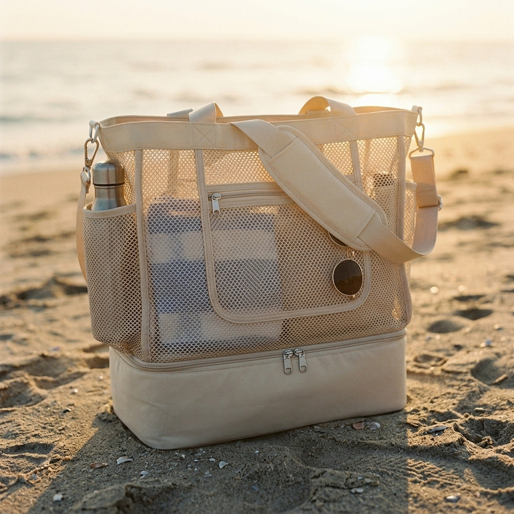 Bolso Médano 2 en 1 color crema con compartimento térmico, sobre la arena al atardecer