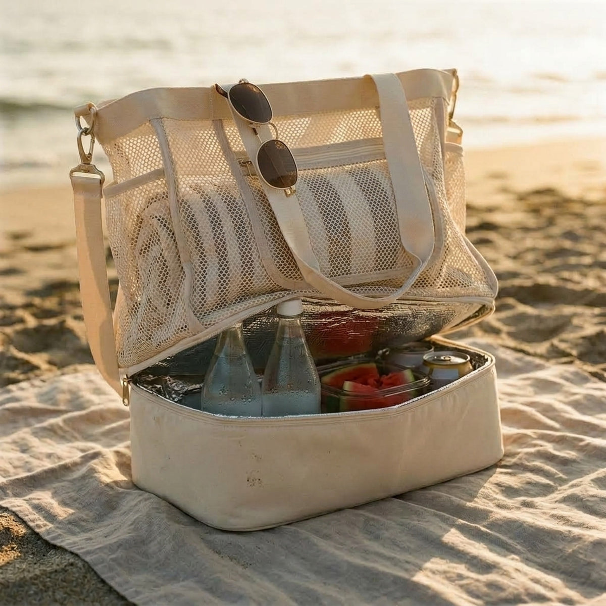 Compartimento térmico del bolso Médano 2 en 1 abierto, con bebidas frías y fruta
