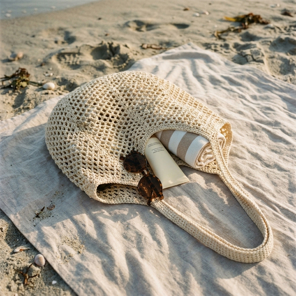 Tote Médano calado color beige sobre una toalla en la playa
