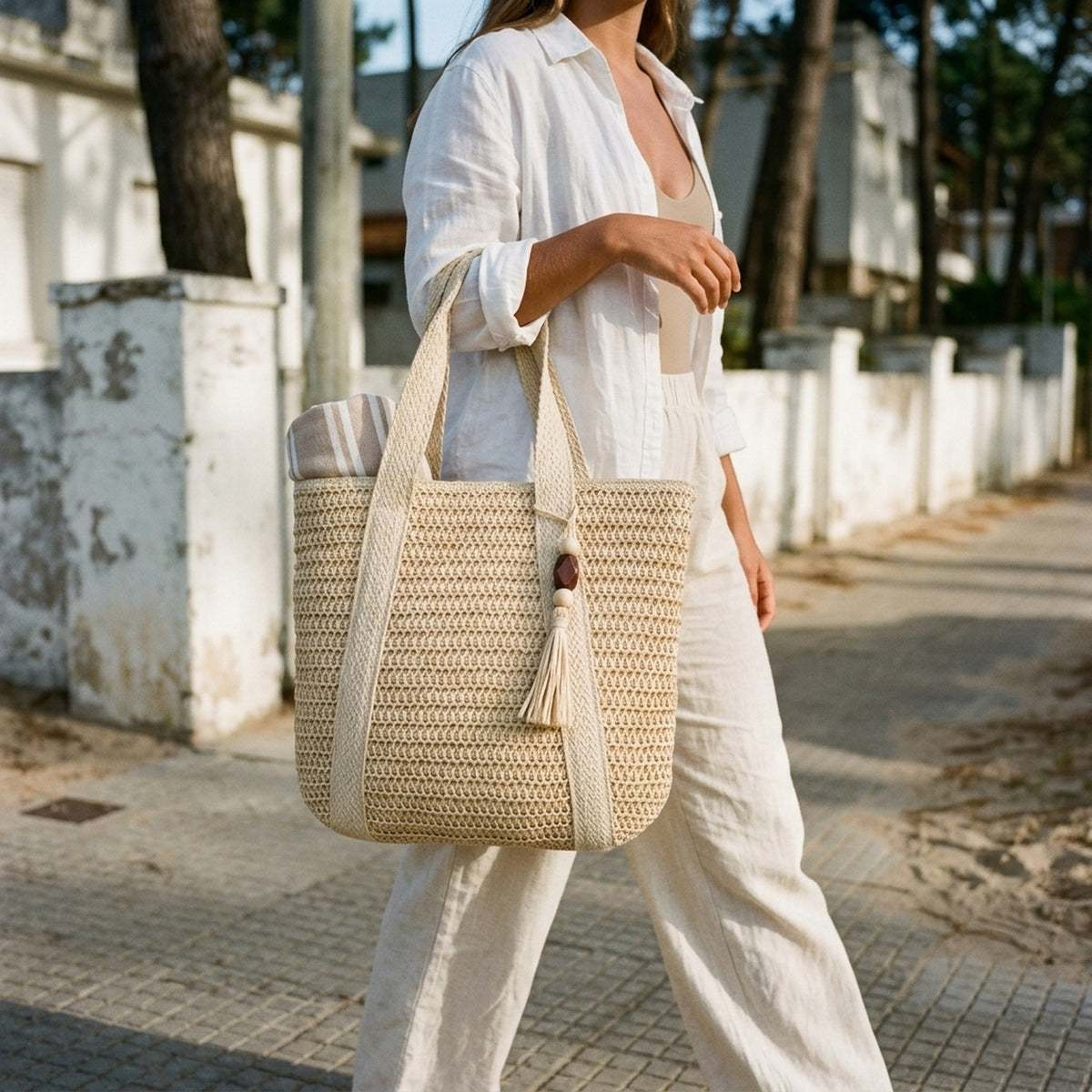 Mujer caminando por una calle de Punta del Este con el bolso Médano tejido con flecos