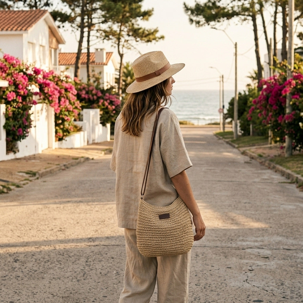 Mujer con sombrero en una calle con flores llevando la bandolera Médano de ratán