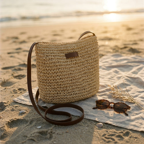 Bandolera Médano de ratán tejida con correa de cuero marrón, sobre una toalla en la playa al atardecer